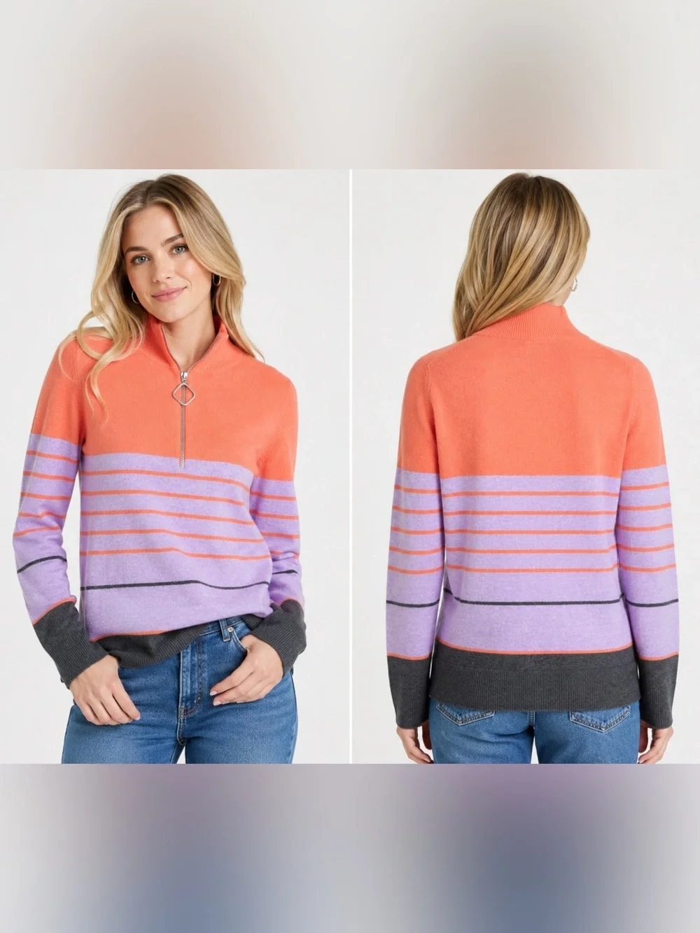 Diane Snyder 100% Cashmere Colorblock Striped Quarter-Zip Sweater Size Medium M